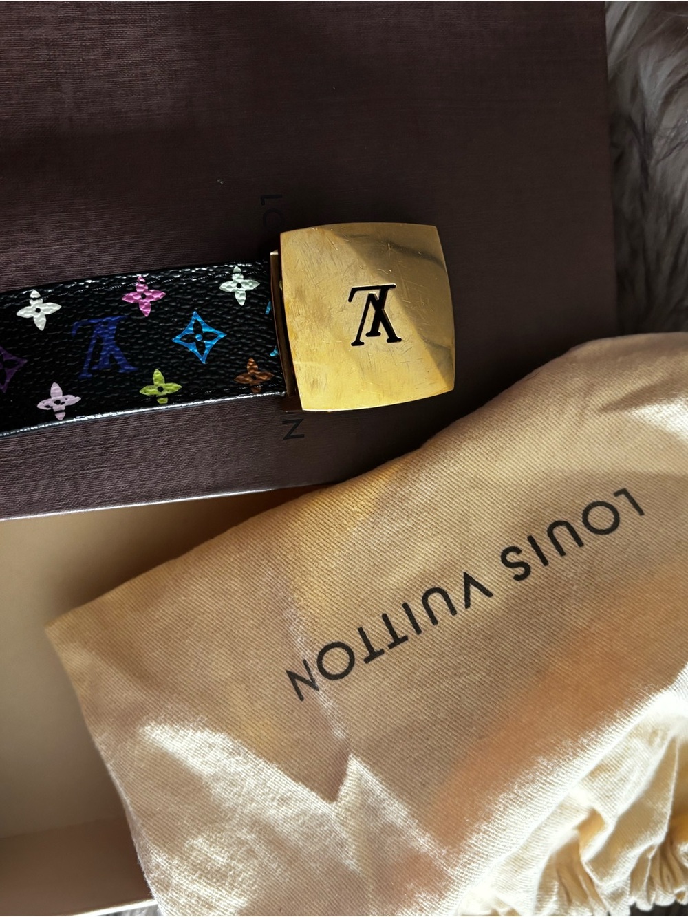 Louis Vuitton Black Multicolor Monogram Belt with Gold Buckle